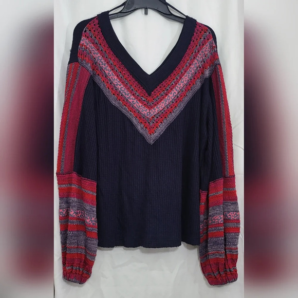 Free People Womens Navy Red V-Neck Copenhagen Long Sleeve Thermal Boho Top Sz M - Picture 1 of 9